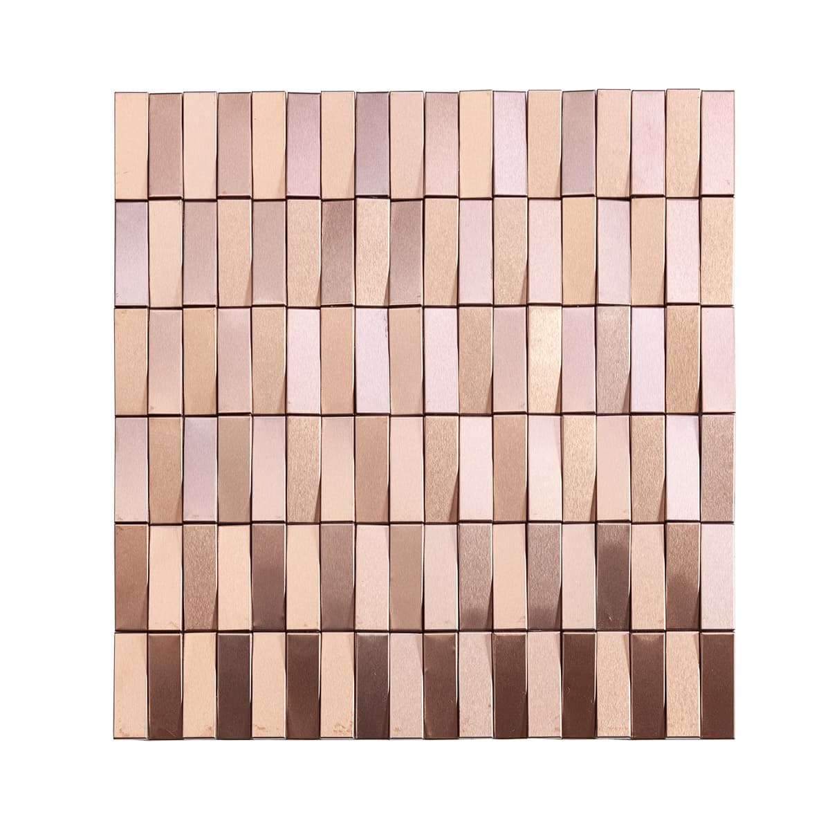 Top view of rose gold stainless steel long strip 3D mosaic tile sheet with brushed metallic finish