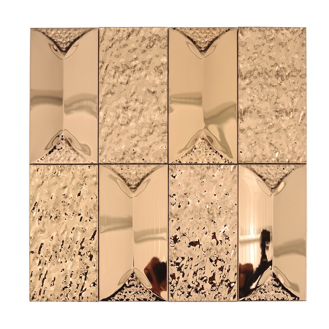 A full sheet of rose gold 3d rectangle stainless steel mosaic tiles.