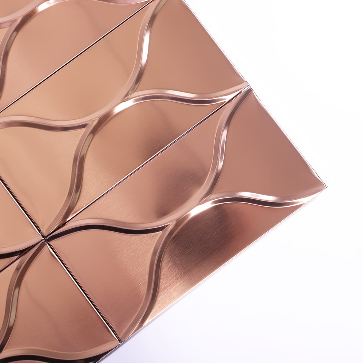 Side corner view of rose gold stainless steel wave mosaic sheet