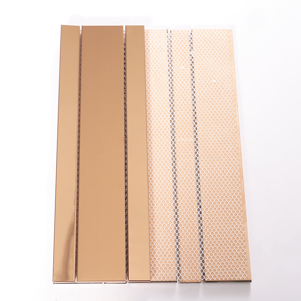 Back mesh backing of rose gold stainless steel vertical strip wall tile sheet