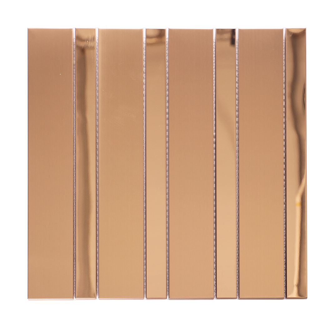 Full front view of rose gold stainless steel vertical strip wall tile sheet
