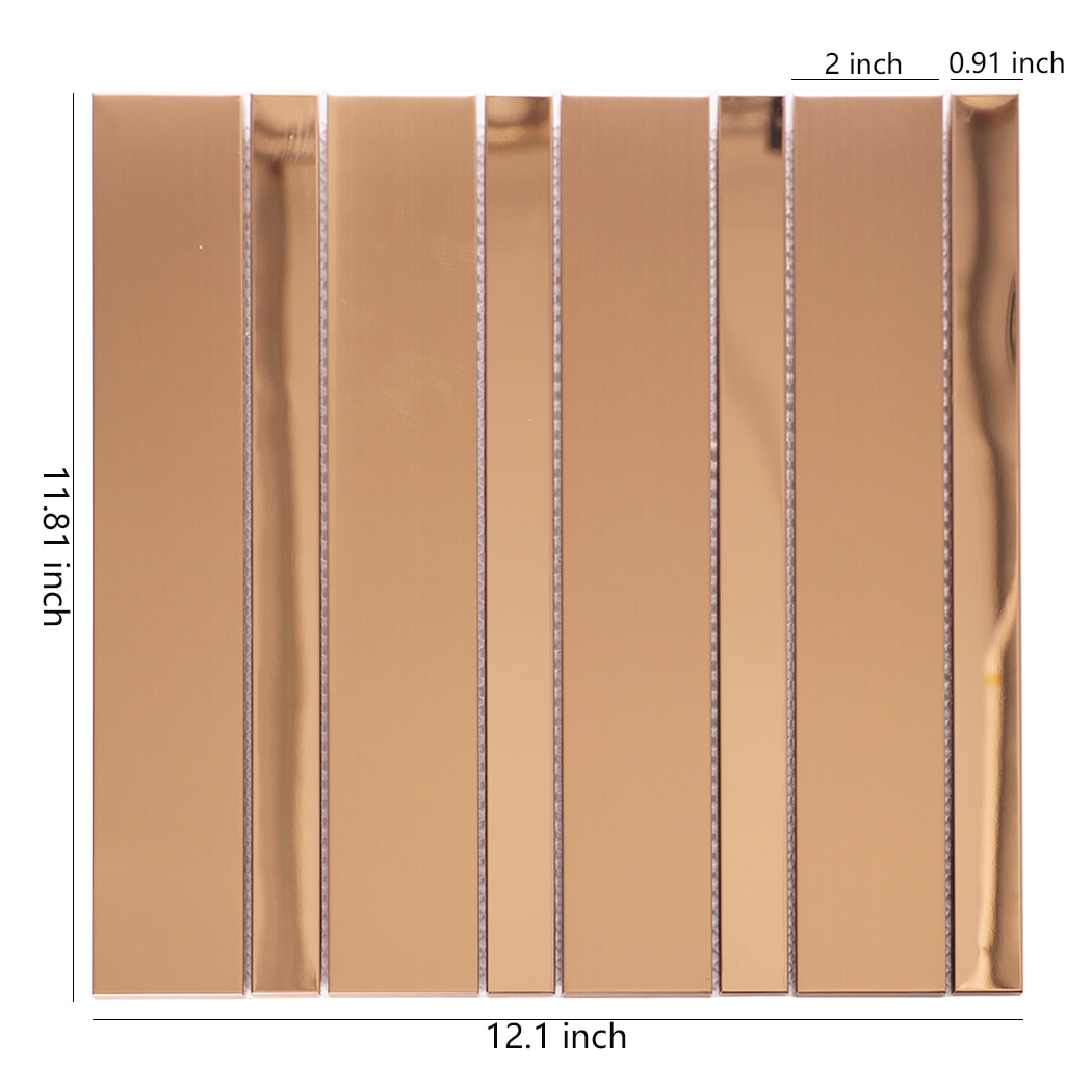 Rose gold stainless steel vertical strip wall tile with size measurements