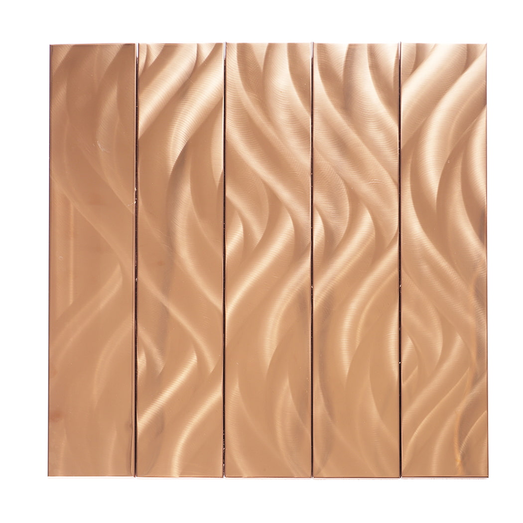 Full view of rose gold stainless steel vertical wave mosaic tile sheet.