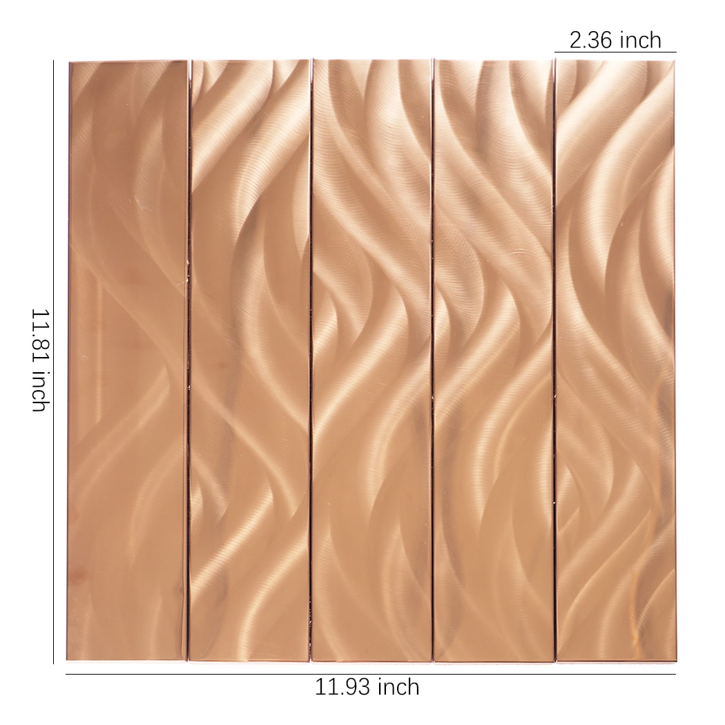 Rose gold stainless steel wave subway mosaic tile showing size layout.