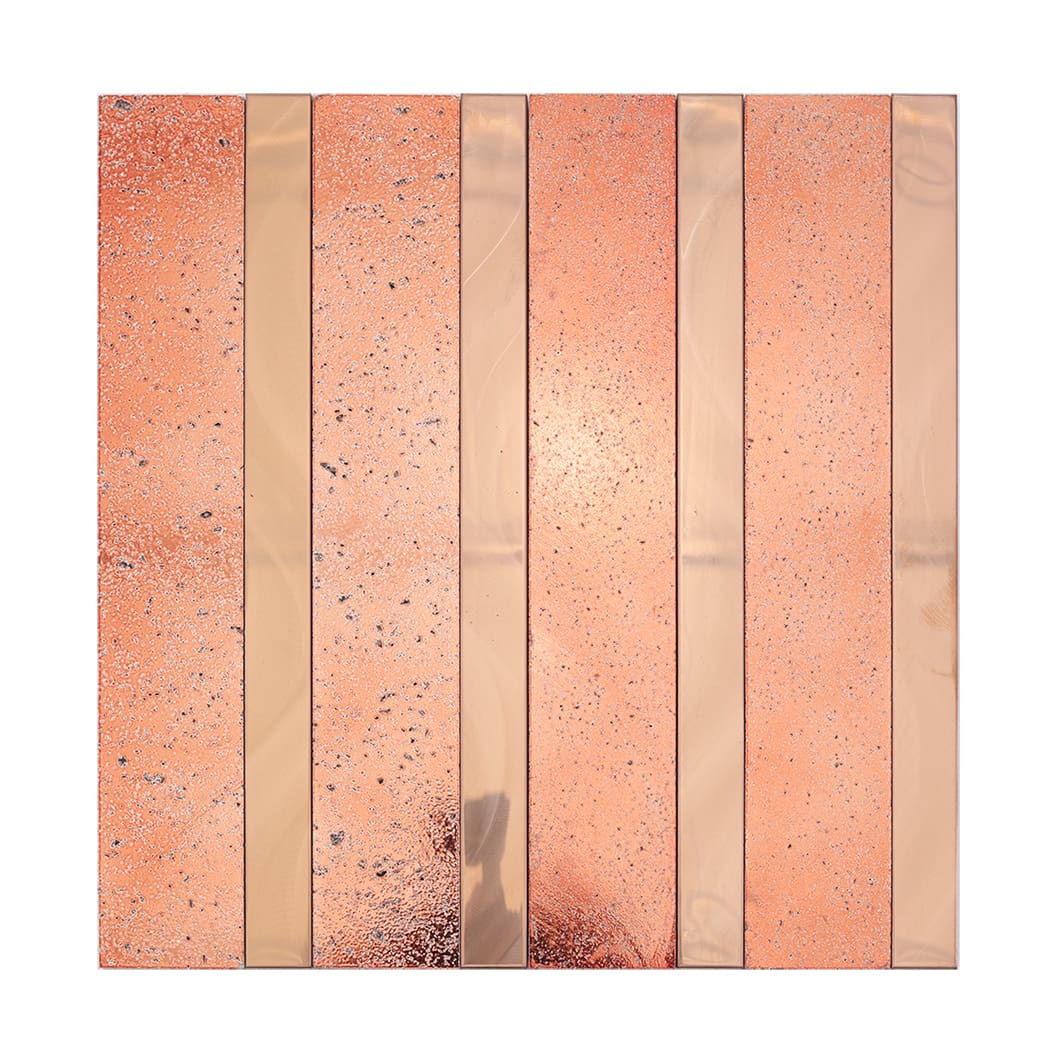 Rose gold electroplated stone tile sheet with vertical textured metal strips