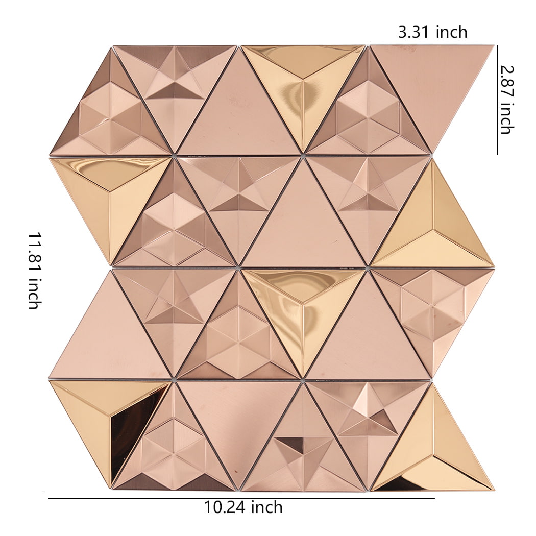 A sheet of rose gold 3D triangular tiles with measurement labels in inches.
