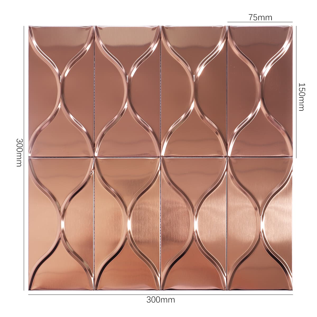 Rose gold stainless steel 3D wave tile with size dimensions shown