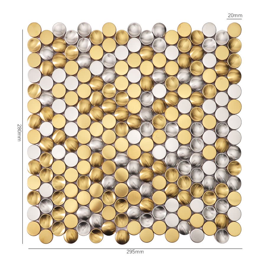 Round gold and silver mosaic tile sheet with size measurement