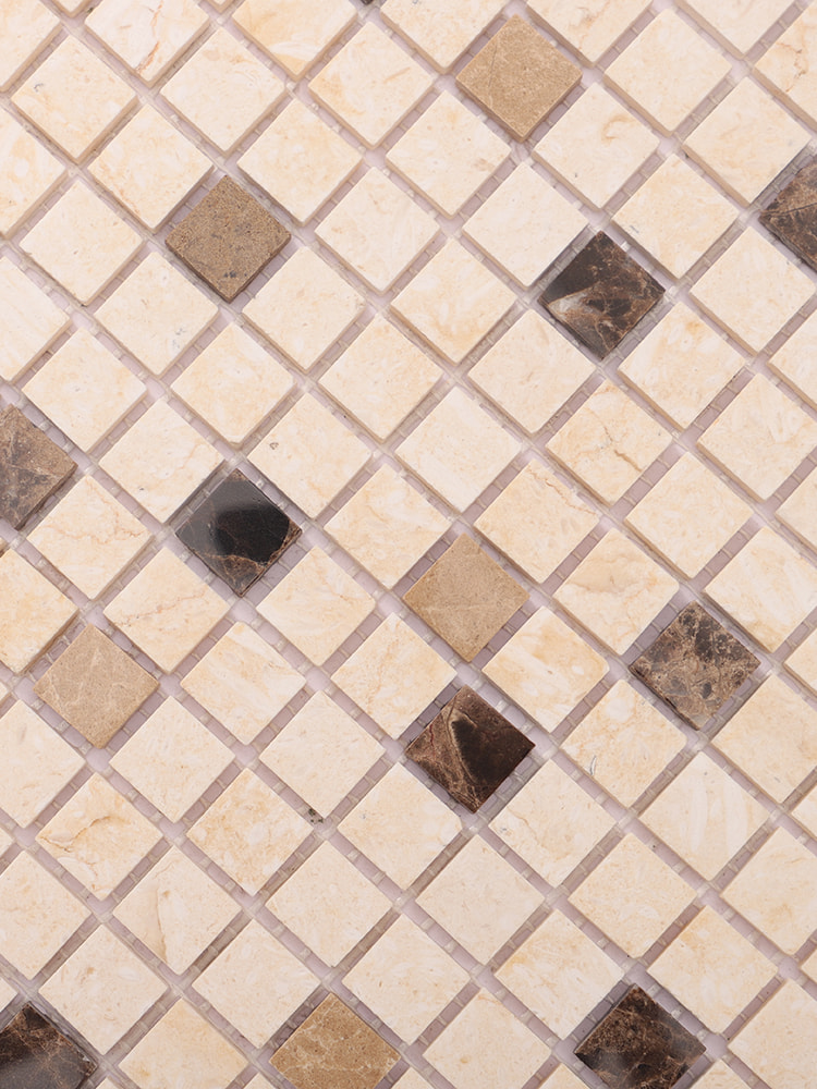 Brown and beige mosaic tiles in a diamond pattern with various shades of brown and beige.