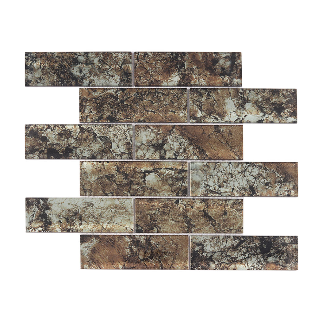 Rust brown crackle glass subway mosaic in staggered brick layout