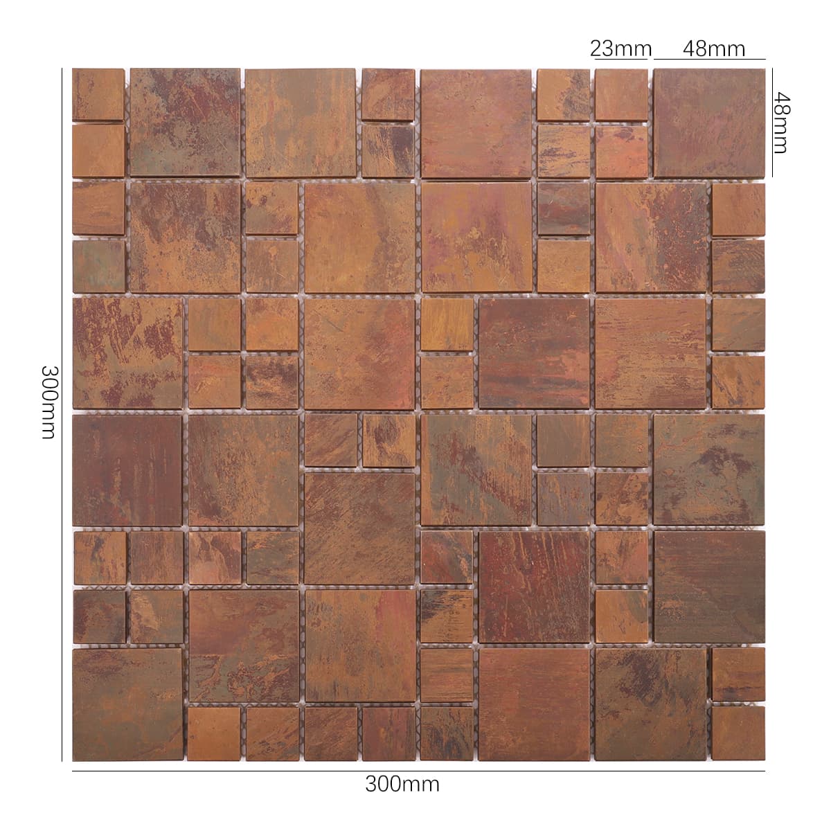 Red copper mosaic tile with mixed size layout and natural finish