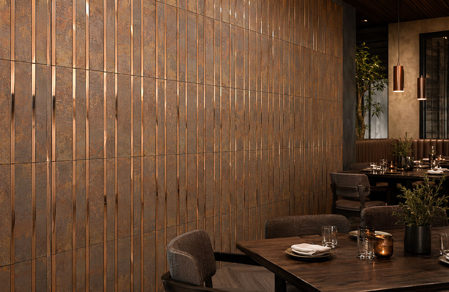 Rust effect metal industrial tiles covering a modern restaurant feature wall
