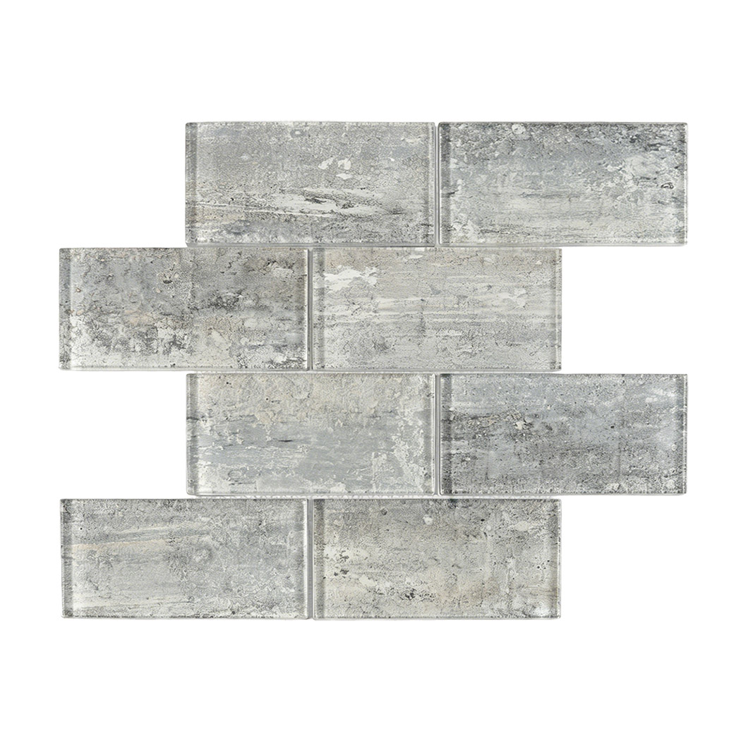 Front view of an interlocking sheet of rustic concrete pattern grey glass tiles.