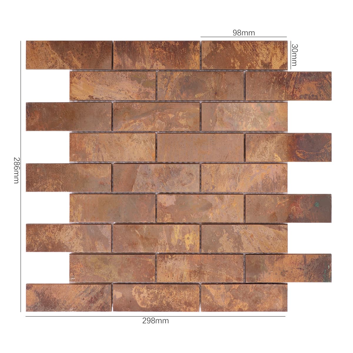Rustic copper brick mosaic tile full sheet view