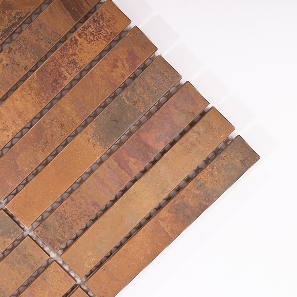 Close-up of rustic copper narrow strip mosaic sheet