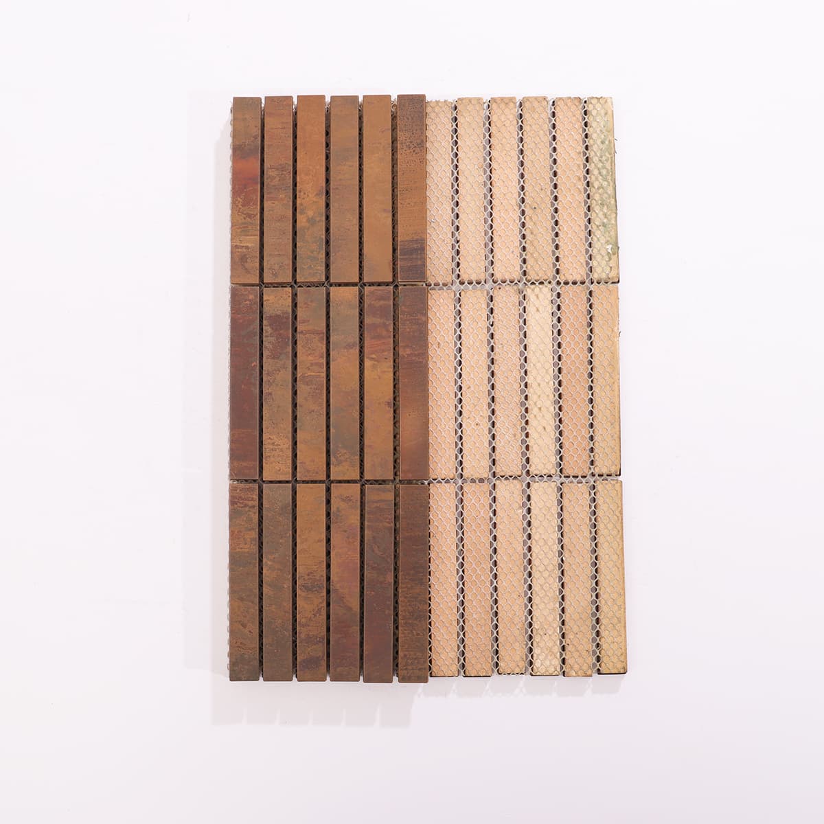 Mesh backing of rustic copper thin strip mosaic tiles