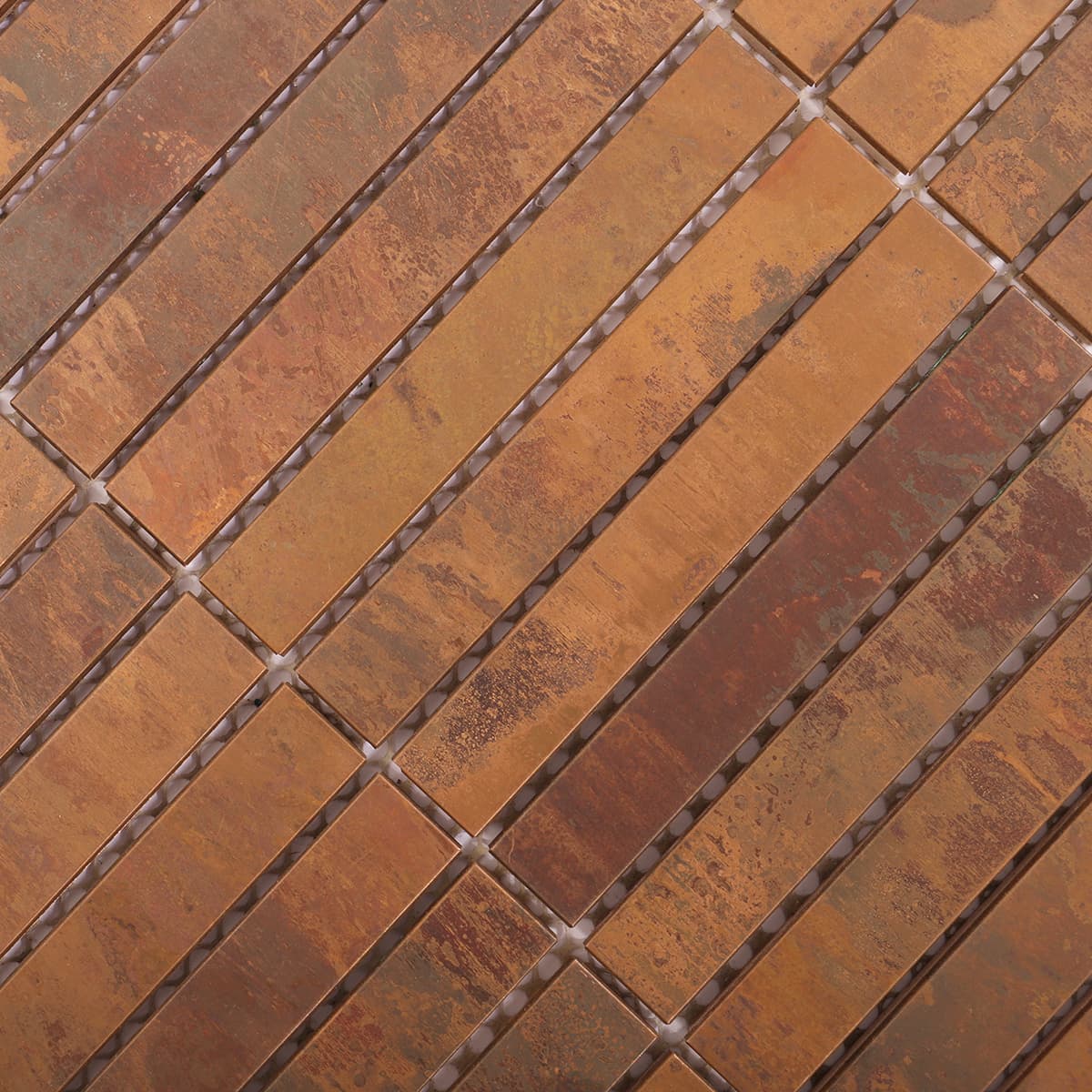 Texture close-up of rustic copper thin strip tiles