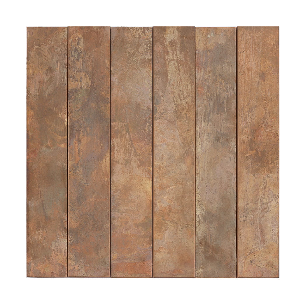 A square mosaic tile featuring six vertical planks with a weathered metallic copper finish.