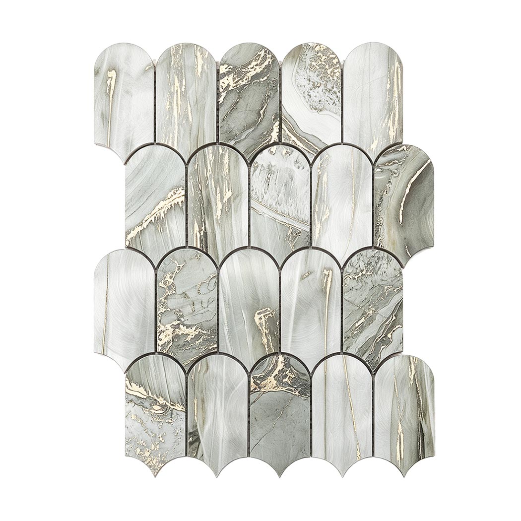 Front view of sage green gold fish scale aluminum mosaic wall tile