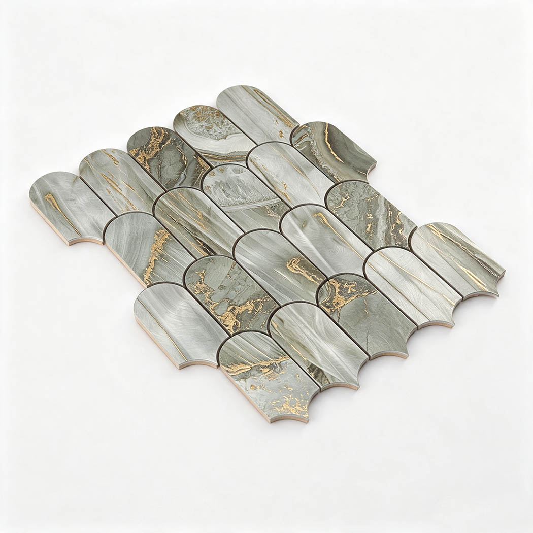 Angled perspective view of sage green gold fish scale tile sheet