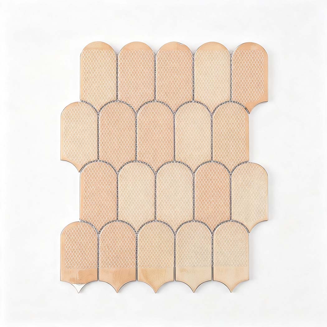 Back view showing fiberglass mesh on sage green fish scale tile