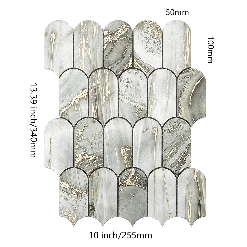 Dimension diagram of sage green and gold fish scale aluminum tile