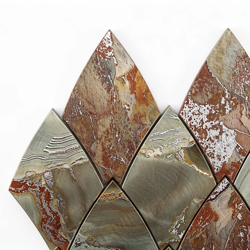 Top corner close up of sage green and rust leaf shape metallic tile