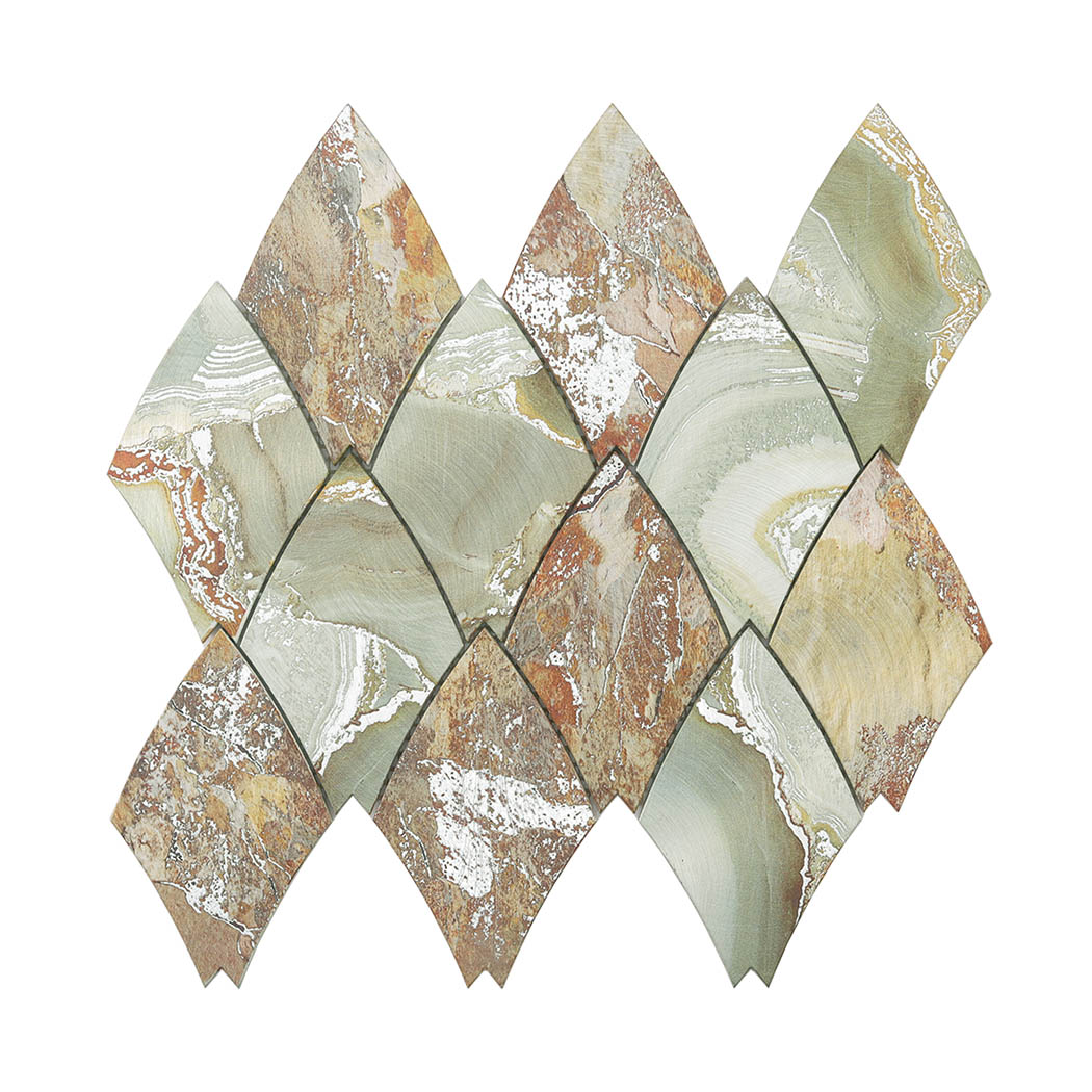 Sage green and rust leaf shape aluminum mosaic tile full sheet