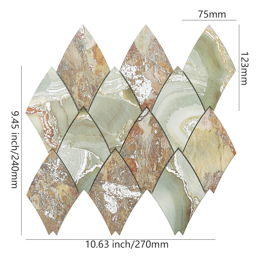 Sage green and rust leaf shape aluminum tile sheet dimensions