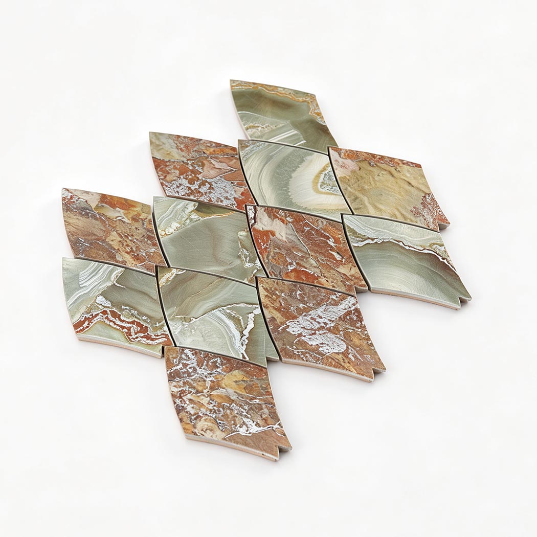 Angled perspective display of sage green rust leaf aluminum tile