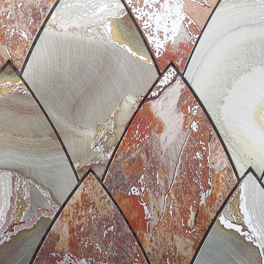 Macro detail of sage green and rust marble pattern aluminum tile