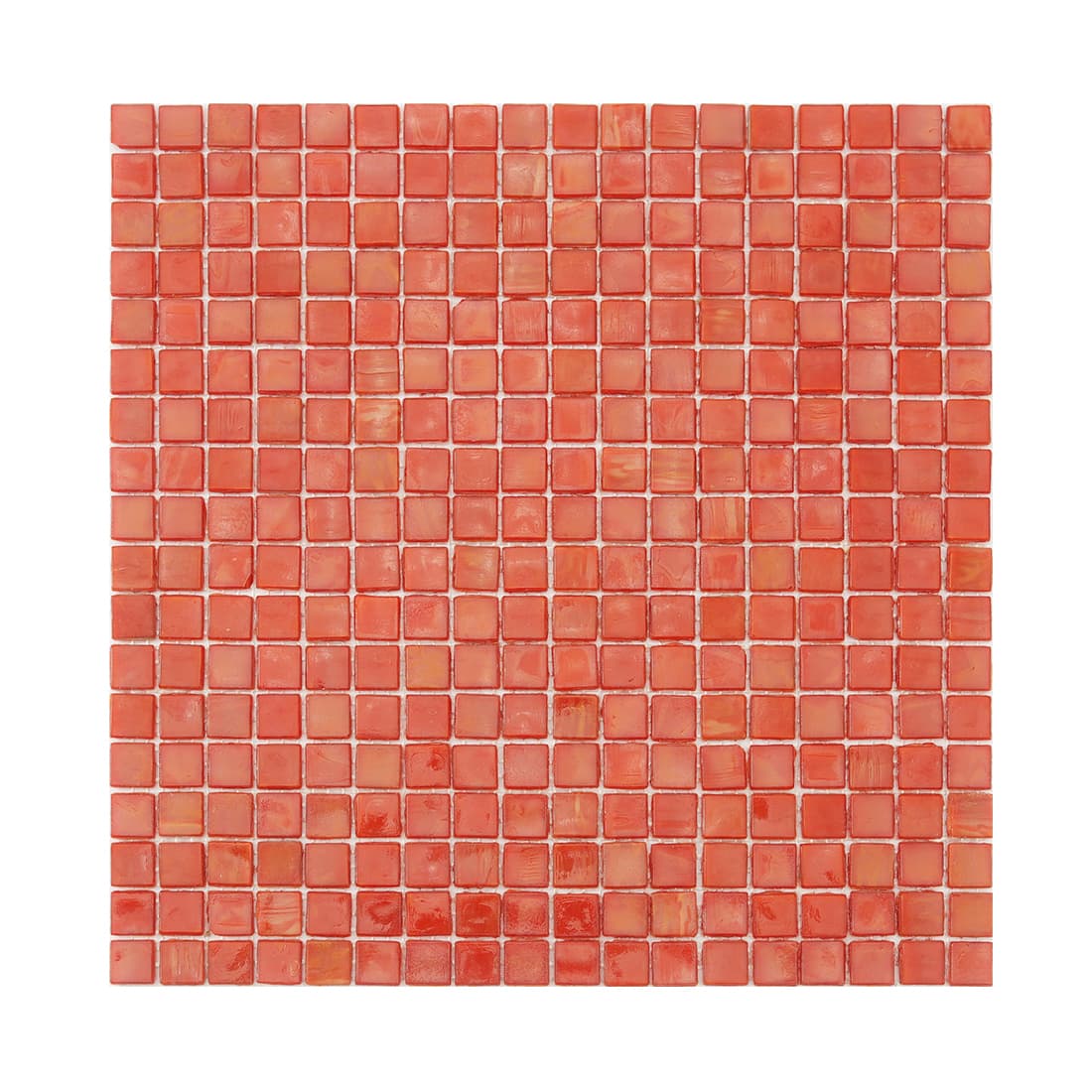Full sheet of salmon red square glass mosaic tile on a light background
