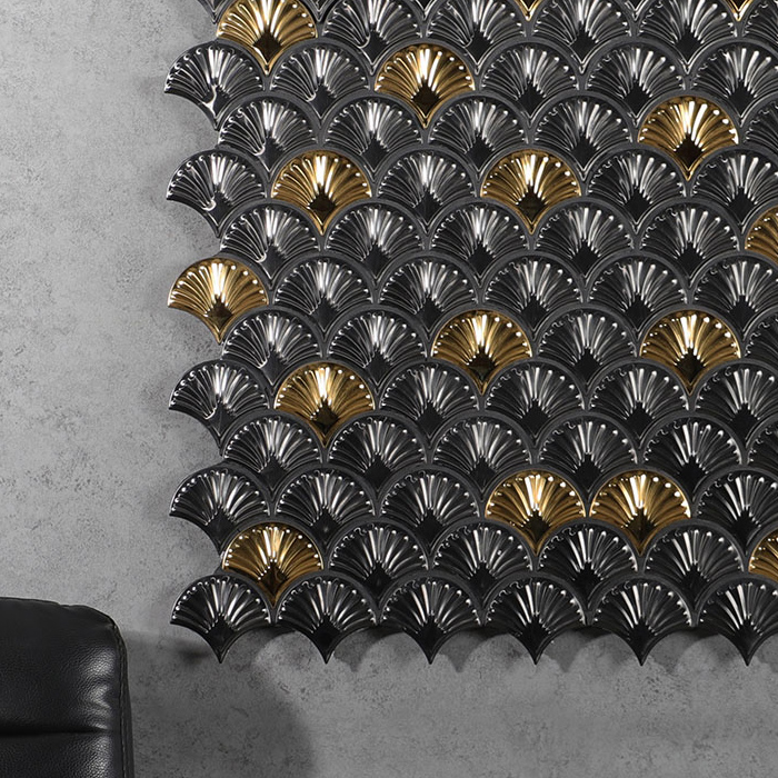 Elegant 3D Fish Scale Mosaic Tiles in Black and Gold Stainless Steel