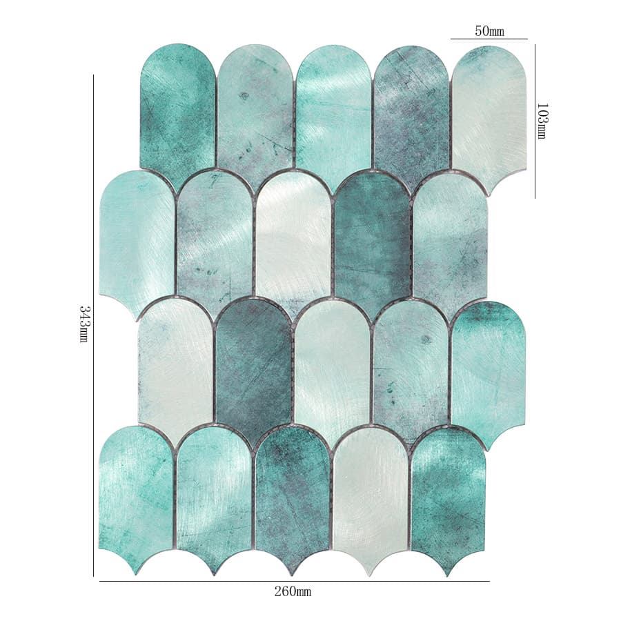  Aqua green brushed aluminum scallop mosaic tile with size labels