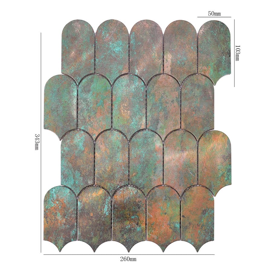 Scallop aluminum mosaic tile with antique copper green patina and dimensions