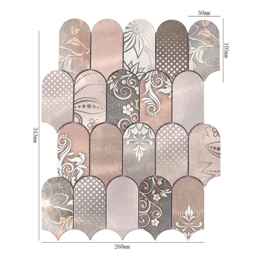  Rose gold scallop aluminum mosaic tile with mixed floral and dot patterns and size labels