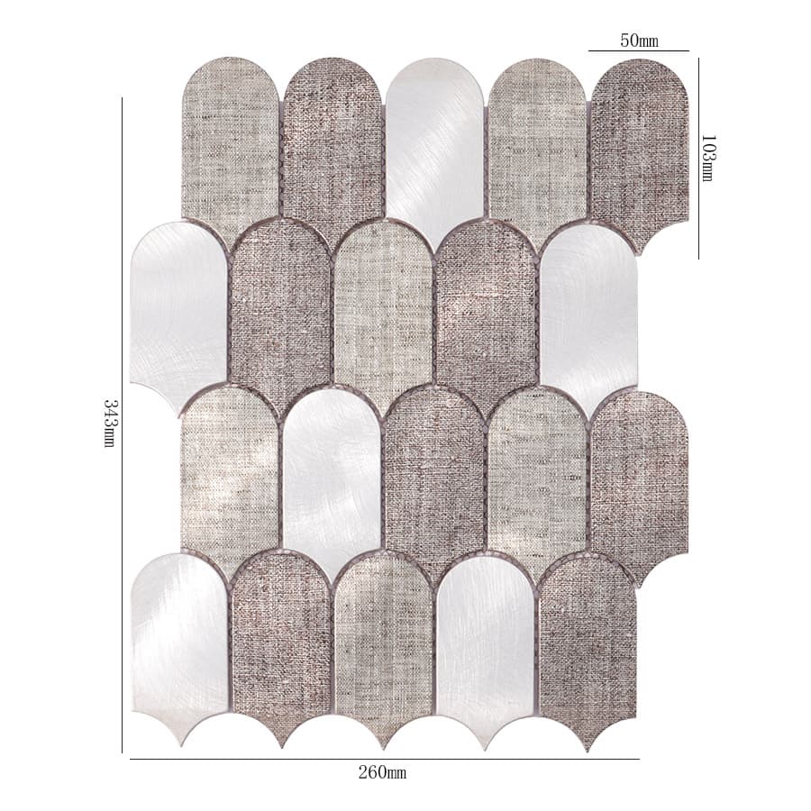 Scallop-shaped brushed aluminum mosaic tile with dimensions labeled
