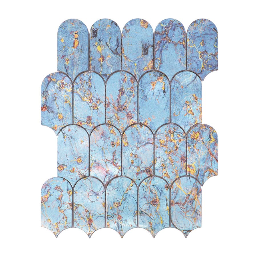 Full sheet of scallop aluminum tile with swirling blue and gold marble design
