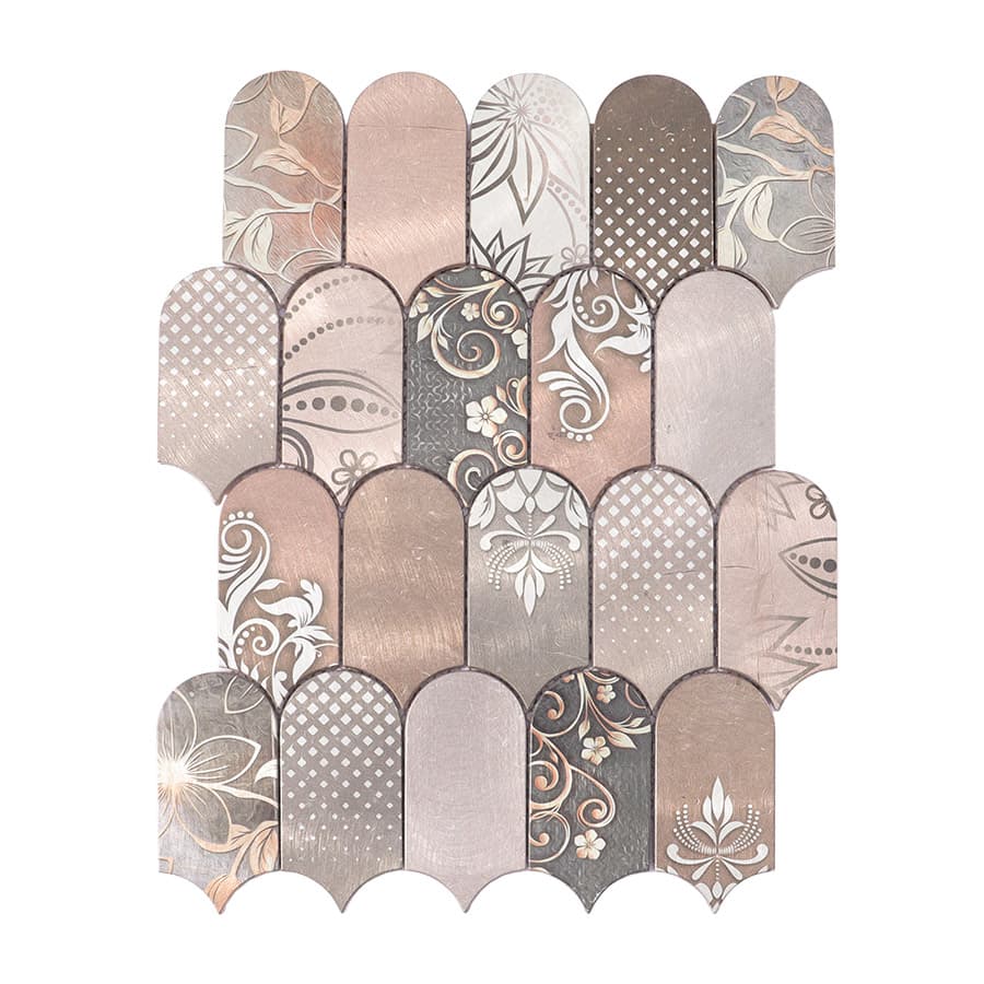 Full sheet of rose gold scallop aluminum tile with decorative etched motifs