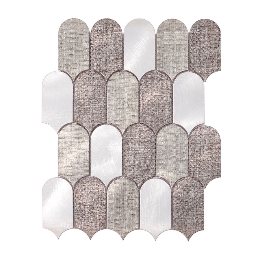 Full sheet of scallop-style brushed aluminum mosaic in silver and linen texture