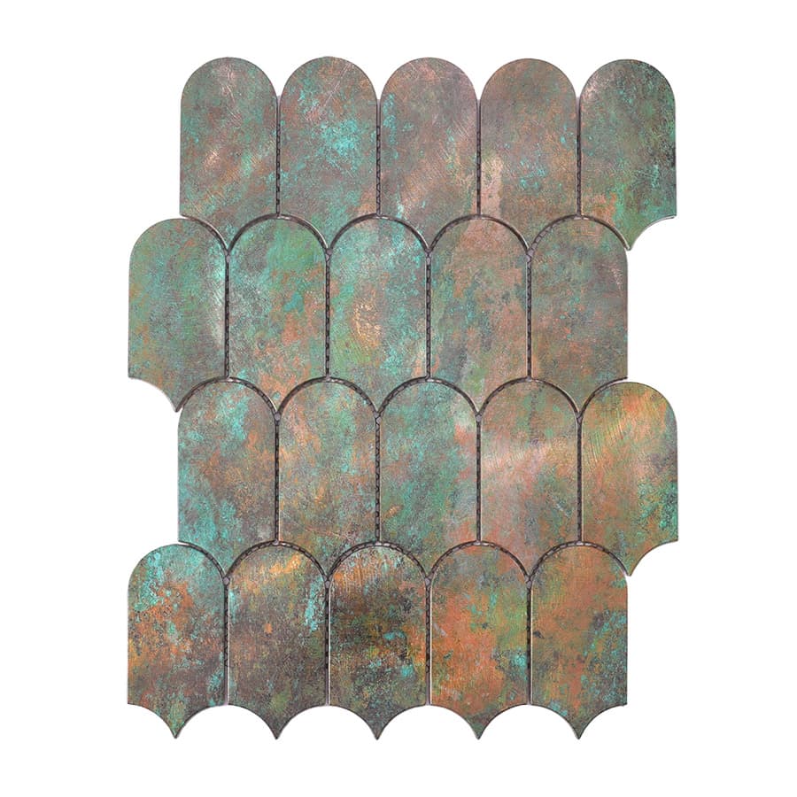 Full sheet of scallop aluminum tile with aged copper and green metal tones