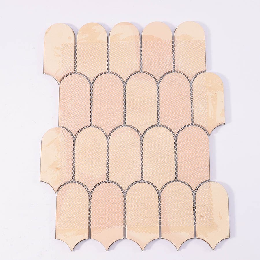 Back view of floral rose gold aluminum tile sheet with mesh for installation