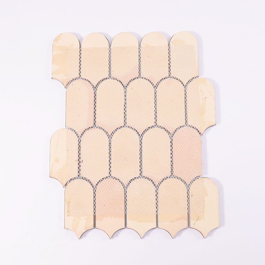  Back view of green scallop mosaic tile sheet with mesh for installation