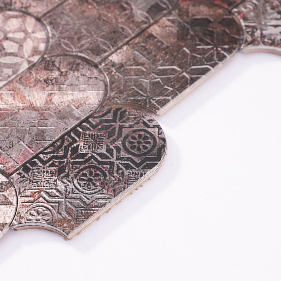  Angled side view of scallop tile highlighting embossed design and edge detail