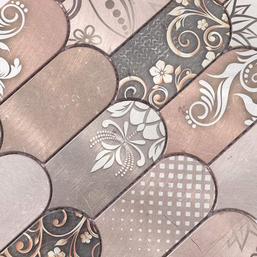 Macro view of floral and swirl printed aluminum scallop tile