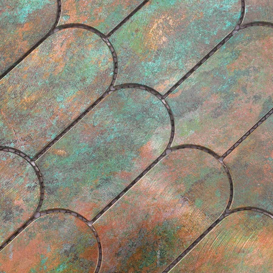 Detailed view of oxidized copper-style aluminum mosaic with textured surface