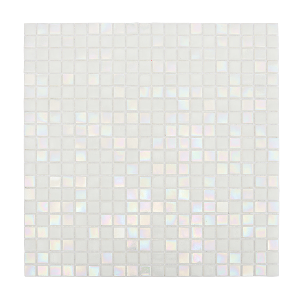 shimmering white glass square pool tile sheet photographed from straight angle