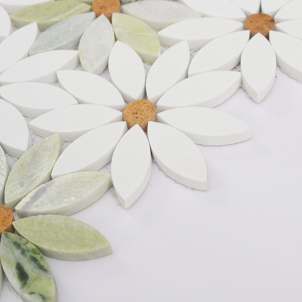 Side perspective of a marble mosaic tile showing the thickness and texture of the stone petals.