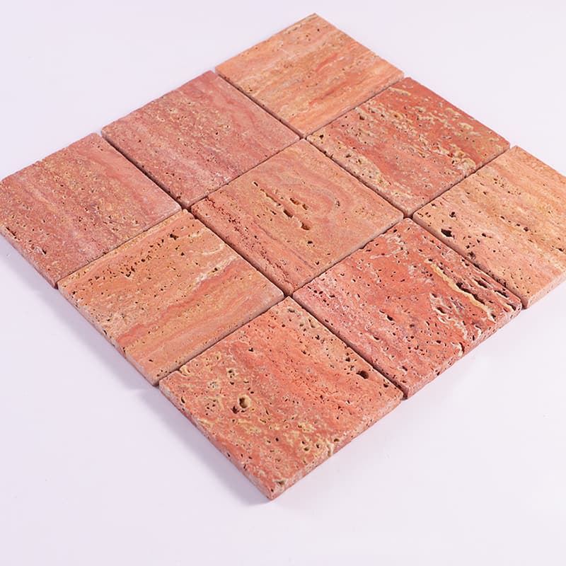 Side view of red travertine mosaic tile sheet