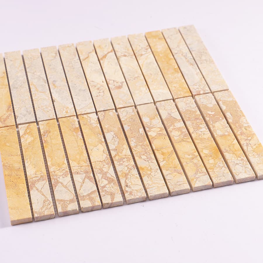 Side view of yellow marble strip mosaic tile sheet